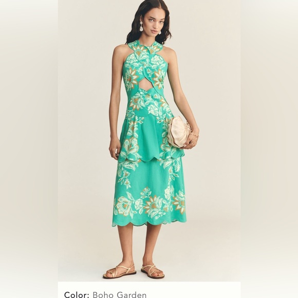 Farm Rio x Anthropologie Scalloped Halter Linen Blend Dress - Picture 1 of 5